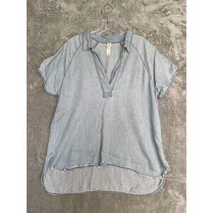 Amadi Anthropologie Womens XS Chambray Top Popover Shirt Blue Frayed Hem Tencel